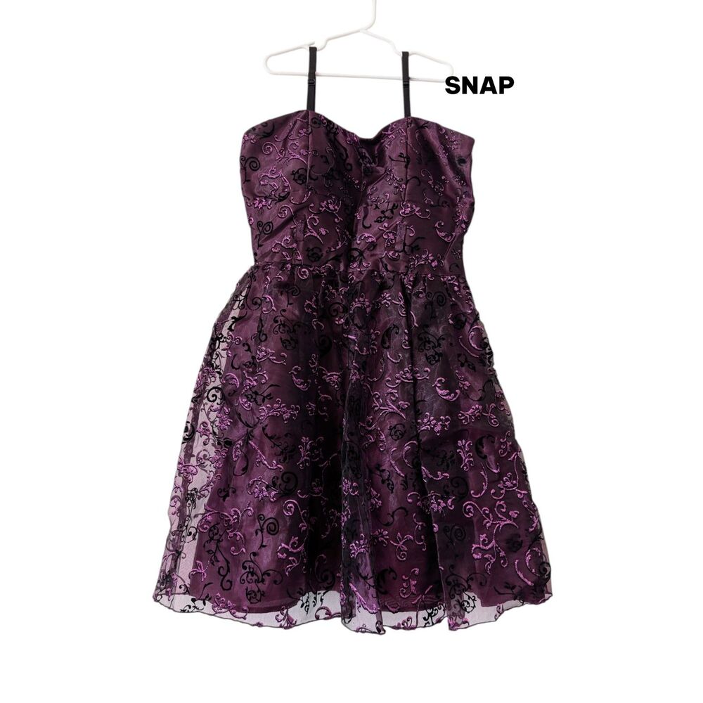 SNAP Glitter Scroll Party Dress Size 5 Mini Fit Flare Sheer Overlay